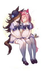 Rule 34 | 2girls, absurdres, animal ears, black footwear, black headwear, blue bow, blue flower, blue rose, blush, bow, brown hair, can, closed eyes, closed mouth, commentary request, drooling, ear bow, flower, frilled skirt, frills, hair between eyes, hair over one eye, hairband, haru urara (umamusume), hat, hat flower, highres, horse ears, horse girl, horse tail, long hair, multiple girls, parted lips, pink hair, pleated skirt, ponytail, puffy short sleeves, puffy sleeves, purple shirt, red hairband, rice shower (umamusume), rose, saliva, school uniform, shirt, shoes, short sleeves, sitting, skirt, sparkle, tail, thighhighs, threadxqq, tilted headwear, tracen school uniform, umamusume, very long hair, white background, white bow, white skirt, white thighhighs