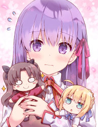 Rule 34 | 3girls, artoria pendragon (all), artoria pendragon (fate), black legwear, black ribbon, black skirt, blonde hair, blue bow, blush, blush stickers, bow, braid, brown hair, brown vest, chibi, closed mouth, collared shirt, commentary request, fate/stay night, fate (series), floral background, flying sweatdrops, green eyes, hair between eyes, hair bow, hair ribbon, homurahara academy school uniform, long hair, matou sakura, mini person, minigirl, multiple girls, o o, parted bangs, parted lips, pleated skirt, purple eyes, purple hair, red bow, red shirt, ribbon, rioshi, saber (fate), school uniform, shirt, skirt, smile, sparkle, tohsaka rin, two side up, upper body, vest, wavy mouth, white shirt