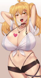 Rule 34 | 1girl, ahoge, armpits, arms behind head, arms up, bangs, bare shoulders, bikini, black bikini, black shorts, blonde hair, blush, borrowed character, bracelet, breasts, chest tattoo, cleavage, collar, collarbone, gradient, gradient background, hair ornament, heart, heart hair ornament, heart tattoo, highleg, highleg bikini, highres, huge breasts, jewelry, long hair, looking at viewer, micro shorts, navel, navel piercing, necklace, nt00, o-ring, open mouth, original, piercing, saaya (kirome), shirt, short sleeves, shorts, smile, swimsuit, tattoo, thighs, tied shirt, twintails, white shirt, yellow eyes