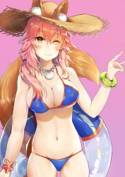 Rule 34 | 1girl, absurdres, animal ear fluff, animal ears, animal hands, atora, bikini, blue bikini, breasts, cleavage, closed mouth, collarbone, ears through headwear, fang, fate/grand order, fate (series), fox ears, fox shadow puppet, fox tail, groin, hat, highres, innertube, large breasts, looking at viewer, navel, one eye closed, pink background, pink hair, side-tie bikini bottom, simple background, solo, straw hat, swim ring, swimsuit, tail, tamamo (fate), tamamo no mae (fate/extra), tamamo no mae (swimsuit lancer) (fate), yellow eyes