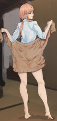Rule 34 | 1girl, alp, bare legs, barefoot, brown cardigan, brown hair, cardigan, character request, collared shirt, copyright request, from behind, full body, hands up, highres, holding, holding clothes, kneepits, long hair, looking at viewer, looking back, low twintails, open mouth, profile, shirt, sleeves past elbows, sleeves rolled up, smile, standing, twintails, white shirt