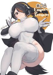 Rule 34 | 1girl, black gloves, black hair, black jacket, blush, breasts, brown eyes, elbow gloves, emperor penguin (kemono friends), gloves, hair over one eye, headphones, highleg, highleg leotard, highres, hood, hood down, huge breasts, jacket, jknor, kemono friends, leotard, looking at viewer, open clothes, open jacket, orange hair, penguin girl, penguin tail, short hair, solo, tail, thighhighs, two-tone gloves, white gloves, white leotard, white thighhighs