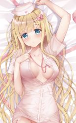 Rule 34 | 1girl, bed, blonde hair, blue eyes, blush, bow, breasts, cleavage, collarbone, hair bow, hair ornament, hanahanamaki, hat, highres, large breasts, long hair, looking at viewer, lying, nurse, nurse cap, on back, original, parted lips, pink bow, pink hat, pink shirt, shirt, short sleeves, solo, sousouman