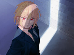 Rule 34 | 1boy, absurdres, black necktie, blonde hair, brick wall, formal, from above, highres, hunter x hunter, kurapika, lapels, light rays, looking afar, looking to the side, male focus, necktie, notched lapels, quatthro, red eyes, serious, short hair, solo, suit, sunbeam, sunlight, upper body, wing collar