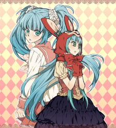 Rule 34 | 2girls, animal hood, bad id, bad pixiv id, blue eyes, bow, bowtie, checkered background, clone, frills, gloves, hatsune miku, hood, light purple hair, lol -lots of laugh- (vocaloid), long hair, molly, multiple girls, open mouth, own hands clasped, own hands together, rabbit hood, ribbon, school uniform, twintails, vocaloid