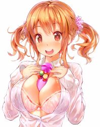 Rule 34 | 10s, 1girl, :d, between breasts, blush, bra, breasts, brown hair, cleavage, dress shirt, hato haru, heart, heart-shaped pupils, highres, huge breasts, idolmaster, idolmaster cinderella girls, microphone, open clothes, open mouth, open shirt, scrunchie, shirt, smile, solo, symbol-shaped pupils, totoki airi, twintails, underwear, wet, wet clothes