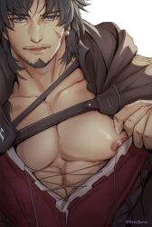 Rule 34 | 1boy, absurdres, bara, black hair, blue eyes, clive rosfield, clothes pull, facial mark, final fantasy, final fantasy xvi, highres, large pectorals, looking at viewer, male focus, muscular, muscular male, nipples, pectorals, red shirt, reddjackal, shirt, shirt pull, short hair, solo, twitter username, upper body