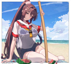 Rule 34 | 1girl, alternate costume, baseball cap, beach, beach towel, bikini, blue bikini, blue one-piece swimsuit, blue sky, bokken, breasts, brown hair, closed mouth, cloud, covered navel, food, fruit, hair intakes, hat, highres, himeyamato, iowa (kancolle), kantai collection, large breasts, legs apart, long hair, ocean, one-piece swimsuit, parted bangs, planted, planted sword, planted weapon, red eyes, sand, see-through, see-through shirt, shouting with hands, sidelocks, sitting, sky, solo, suikawari, swimsuit, swimsuit under clothes, sword, thighhighs, towel, two-tone bikini, very long hair, watermelon, weapon, white bikini, white blindfold, white thighhighs, wooden sword, yamato (kancolle), yokozuwari