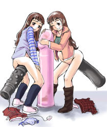 Rule 34 | 2girls, bottomless, brown eyes, brown hair, dildo, large insertion, mayonnaise, mayonnaise (ringo gakuen), multiple girls, object insertion, one eye closed, panties, sex toy, siblings, sisters, smile, stomach bulge, twins, underwear, wink