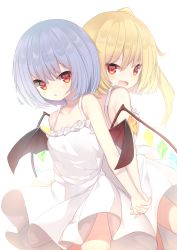 Rule 34 | 2girls, :d, :o, absurdres, alternate costume, bad id, bad pixiv id, bare arms, bare shoulders, bat wings, blonde hair, blue hair, blush, breasts, brown wings, collarbone, commentary request, crystal, dress, fang, flandre scarlet, hair between eyes, highres, holding hands, interlocked fingers, long hair, looking at viewer, looking back, memekko, multiple girls, one side up, open mouth, parted lips, red eyes, remilia scarlet, siblings, sidelocks, simple background, sisters, sleeveless, sleeveless dress, small breasts, smile, sundress, touhou, white background, white dress, wings