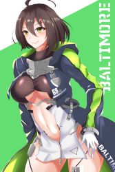Rule 34 | 1girl, absurdres, ahoge, azur lane, baltimore (azur lane), blue coat, braid, breasts, brown hair, center opening, character name, clothing cutout, coat, commentary request, core1013, cowboy shot, french braid, garter straps, gloves, green background, hair between eyes, highres, hood, hood down, hooded coat, large breasts, leaning forward, long sleeves, looking to the side, multicolored coat, navel, open clothes, open coat, shiny clothes, shiny skin, short hair, smile, solo, stomach cutout, two-tone background, underboob, underboob cutout, white background, white gloves, yellow eyes, zipper