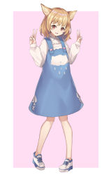 Rule 34 | 1girl, :d, animal ear fluff, animal ears, bad id, bad pixiv id, blue dress, cloud print, double v, dress, full body, light brown hair, long sleeves, looking at viewer, mo-re:, open mouth, original, red eyes, shirt, shoes, short hair, smile, sneakers, v, white shirt