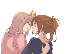 Rule 34 | 2girls, black shirt, bow hairband, brown hair, commentary request, curryisfriend, green eyes, hairband, hand on another&#039;s back, hibike! euphonium, highres, liz to aoi tori, long hair, multiple girls, nakagawa natsuki, parted lips, pink shirt, ponytail, shirt, simple background, smile, upper body, white background, yellow hairband, yoshikawa yuuko, yuri