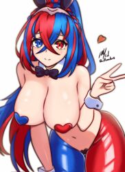 Rule 34 | 1girl, alear (female) (fire emblem), alear (fire emblem), bare shoulders, black bow, black bowtie, black pasties, blue eyes, blue hair, blue pasties, bow, bowtie, braid, breasts, crossed bangs, crown braid, detached collar, fire emblem, fire emblem engage, heart pasties, heterochromia, high ponytail, highres, large breasts, long hair, meme attire, multicolored hair, nintendo, official alternate hairstyle, pasties, red eyes, red hair, red pasties, reverse bunnysuit, reverse outfit, rotomdocs, split-color hair, tiara, two-tone hair, wrist cuffs