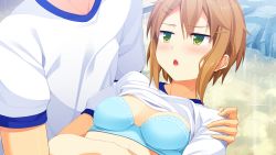Rule 34 | 1girl, blue bra, blush, bra, breasts, brown hair, cleavage, clothes lift, donuthouse, embarrassed, game cg, green eyes, gym uniform, looking up, lying, mayachi (amuriya), shirt lift, short hair, small breasts, solo focus, underwear, valkyrie runabout!, water
