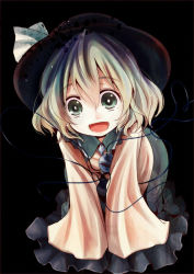 Rule 34 | 1girl, all fours, commentary request, darkness, floral print, green eyes, grey eyes, hat, hat ribbon, komeiji koishi, kurona, long sleeves, open mouth, ribbon, shirt, silver hair, skirt, smile, solo, touhou, wide sleeves