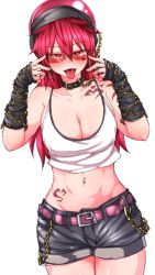 Rule 34 | 1girl, adjusting eyewear, adjusting glasses, alternate costume, arm tattoo, bare shoulders, belt, belt buckle, breasts, buckle, chain, choker, cleavage, collarbone, crop top, dutch angle, facepaint, hair between eyes, hands up, heart, hecatia lapislazuli, kuroba rapid, long hair, looking at viewer, medium breasts, midriff, navel, navel piercing, open mouth, piercing, red-tinted eyewear, red-tinted glasses, red eyes, red hair, shorts, simple background, sleeveless, smile, solo, standing, stomach, stomach tattoo, sunglasses, tattoo, tinted eyewear, tongue, tongue out, tongue piercing, touhou, upper body, vambraces, white background