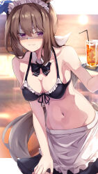 Rule 34 | absurdres, admire vega (umamusume), alternate costume, bikini, blurry, blurry background, breasts, brown hair, cleavage, closed mouth, commentary request, cup, drinking glass, groin, hair between eyes, hair ornament, highres, long hair, looking at viewer, maid, maid bikini, maid headdress, medium breasts, navel, nayuta0603, ponytail, purple eyes, shaded face, swimsuit, tray, umamusume, unconventional maid