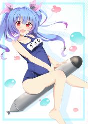 Rule 34 | 1girl, :d, aqua border, arched back, ashino, bare arms, bare legs, bare shoulders, barefoot, blue hair, blunt bangs, blush, border, breasts, character name, collarbone, commentary request, dot nose, fang, hair between eyes, head tilt, i-19 (kancolle), kantai collection, legs, light blue hair, long hair, looking at viewer, name tag, open mouth, outside border, red eyes, smile, solo, straddling, swimsuit