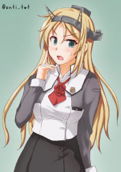 Rule 34 | 1girl, anti (untea9), blonde hair, breasts, commentary request, cowboy shot, flower, green eyes, grey skirt, headgear, highres, kantai collection, large breasts, long hair, long sleeves, looking at viewer, military, military uniform, nelson (kancolle), open mouth, pencil skirt, red flower, red neckwear, red rose, rose, skirt, solo, standing, twitter username, uniform