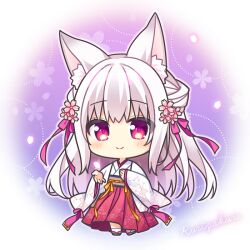 Rule 34 | 1girl, animal ear fluff, animal ears, black footwear, blush, character request, chibi, closed mouth, commentary request, copyright request, floral background, flower, full body, hair flower, hair ornament, hakama, hakama skirt, japanese clothes, kimono, long hair, long sleeves, looking at viewer, obi, petals, pink flower, purple eyes, red hakama, ryuuka sane, sandals, sash, skirt, sleeves past wrists, smile, socks, solo, very long hair, white hair, white kimono, white socks, wide sleeves, zouri