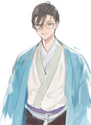 Rule 34 | 1boy, ahoge, blue jacket, brown hair, chashibu, fate/grand order, fate (series), glasses, grey eyes, hair over one eye, haori, highres, jacket, japanese clothes, kimono, looking at viewer, male focus, parted lips, short hair, simple background, smile, solo, upper body, white background, white kimono, yamanami keisuke (fate)