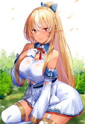 Rule 34 | 1girl, arm between legs, bare shoulders, blonde hair, blue bow, bow, bowtie, breasts, cleavage cutout, closed mouth, clothing cutout, collared shirt, dark-skinned female, dark skin, detached sleeves, elf, garter straps, gloves, gold trim, gun, hair bow, high ponytail, highres, holding, holding gun, holding weapon, hololive, kinoko (shikimylove), large breasts, long hair, looking at viewer, miniskirt, multicolored hair, orange eyes, pointy ears, red bow, red bowtie, seiza, shiranui flare, shiranui flare (1st costume), shirt, sidelocks, sitting, skirt, skirt set, smile, solo, streaked hair, thighhighs, thighs, virtual youtuber, weapon, white garter straps, white gloves, white skirt, white sleeves, white thighhighs, wing collar, zettai ryouiki
