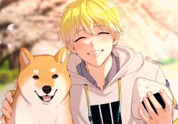 Rule 34 | 1boy, ^ ^, artist name, blonde hair, blurry, blurry background, blush, cherry blossoms, closed eyes, collared shirt, commentary request, dated commentary, day, dog, drawstring, eyelashes, falling petals, food, gradient hair, grey shirt, grin, hair between eyes, hands up, highres, holding, holding food, hood, hood down, hoodie, male focus, mole, mole on neck, multicolored hair, nijisanji, nijisanji en, onigiri, open mouth, outdoors, petals, shiba inu, shirt, short hair, smile, solo, sonny brisko, tecchi kun, teeth, tongue, tree, twitter username, upper body, virtual youtuber, white hair, white hoodie