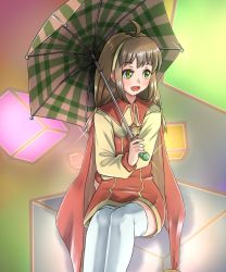 Rule 34 | 1girl, ahoge, breasts, brown hair, cape, coat, commentary request, cube, dress, flower, full body, green eyes, hair ornament, hairband, holding, holding umbrella, lilka eleniak, long hair, long sleeves, looking at viewer, low-tied long hair, natsuki chinatsu, open mouth, plaid, plaid umbrella, sidelocks, skirt, small breasts, smile, solo, thighhighs, twintails, umbrella, white thighhighs, wild arms, wild arms 2, yellow hairband