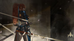 Rule 34 | 1girl, arm guards, ass, axouel2009, black bodysuit, blue ribbon, bodysuit, breasts, commentary, dead or alive, dead or alive 6, from behind, gloves, hair ribbon, hair tie, highres, holding, holding sword, holding weapon, kasumi (doa), large breasts, ninja, orange hair, ponytail, ribbon, shaded face, sheath, sideboob, skin tight, solo, sword, wallpaper, weapon
