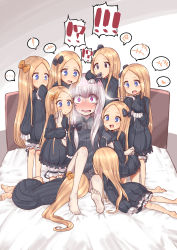 Rule 34 | !?, +++, 6+girls, abigail williams (fate), absurdres, aged down, arm hug, barefoot, bed, blonde hair, blush, bow, clone, dress, eyes visible through hair, fate/grand order, fate (series), feet, girl sandwich, hair bow, harem, heart, highres, horns, lavinia whateley (fate), licking, looking at viewer, makano mucchi, multiple girls, saliva, sandwiched, silver hair, single horn, sitting, soles, spoken heart, spoken interrobang, standing, toes, wide-eyed