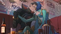 Rule 34 | 1boy, 1girl, :d, blue hair, book, book stack, bottle, breasts, brown eyes, character request, couch, eye contact, eyepatch, food, glass, green hair, hair ornament, highres, holding, holding hands, hood, hood down, indoors, kayn (league of legends), lantian lanz, large breasts, league of legends, long hair, long sleeves, looking at another, odyssey kayn, open mouth, popcorn, signature, smile, sona (league of legends), twintails