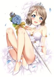 Rule 34 | 1girl, absurdres, bare legs, bare shoulders, blue eyes, blue flower, blue rose, blush, bouquet, bow, breasts, bride, convenient leg, copyright name, crossed legs, detached collar, detached sleeves, dress, flower, full body, high heels, highres, holding, holding microphone, jewelry, legs, light brown hair, looking at viewer, love live!, love live! school idol festival, love live! sunshine!!, medium breasts, microphone, open mouth, petals, ribbon, rose, sankuro (agoitei), scan, see-through silhouette, short hair, simple background, sitting, solo, strapless, thigh strap, thighs, tiara, veil, watanabe you, wedding dress, white dress, white footwear, yellow ribbon