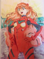 Rule 34 | 1girl, absurdres, bodysuit, breasts, brown hair, derivative work, eywy4324, hair between eyes, hair ornament, hands on own hips, highres, long hair, looking to the side, neon genesis evangelion, pilot suit, plugsuit, red bodysuit, screenshot redraw, shiny clothes, simple background, skin tight, small breasts, smile, solo, souryuu asuka langley, standing, traditional media, two side up, very long hair