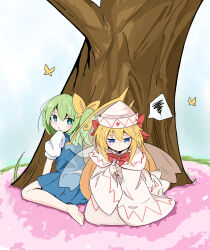 Rule 34 | 2girls, absurdres, animal, barefoot, blonde hair, blue eyes, blue skirt, blue vest, blush, bug, butterfly, capelet, closed mouth, daiyousei, dress, fairy, fairy wings, green eyes, green hair, hair between eyes, hat, highres, insect, lily white, long hair, long sleeves, multiple girls, parted lips, shirt, short sleeves, side ponytail, skirt, spoken squiggle, squiggle, tatutaniyuuto, touhou, tree, vest, white capelet, white dress, white headwear, white shirt, wide sleeves, wings