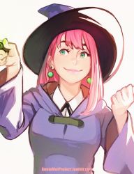 Rule 34 | 1girl, annie mei, annie mei project, breasts, caleb thomas, cloak, cosplay, earrings, green eyes, hat, jewelry, lips, lipstick, little witch academia, long hair, makeup, pink hair, revision, simple background, smile, solo, wand, witch hat