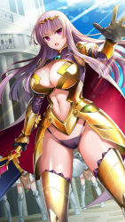 Rule 34 | 1girl, armor, armored boots, bikini armor, black gloves, blunt ends, boots, breastplate, breasts, cape, center opening, circlet, claudette (queen&#039;s blade), claudette (queen&#039;s blade unlimited), cleavage cutout, clothing cutout, curvy, day, elbow gloves, faulds, floating hair, gem, gloves, gold armor, hair between eyes, halterneck, highleg, highleg panties, highres, holding, holding sword, holding weapon, huge weapon, large breasts, long hair, navel, navel cutout, official art, open mouth, outdoors, outline, panties, pauldrons, purple eyes, purple hair, purple panties, queen&#039;s blade, queen&#039;s blade unlimited, queen&#039;s blade white triangle, red cape, shoulder armor, sidelocks, solo, standing, straight hair, string panties, sword, thighs, turtleneck, underwear, v-shaped eyebrows, vambraces, weapon, white cape, wide hips