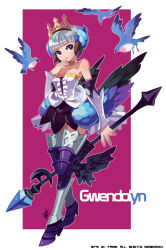 Rule 34 | 1girl, armor, armored dress, bf. (sogogiching), bird, boots, character name, crown, dress, gwendolyn (odin sphere), multicolored wings, odin sphere, polearm, pteruges, purple background, solo, spear, strapless, strapless dress, weapon, wings