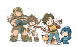 Rule 34 | 4boys, ?, belt, black shorts, blonde hair, boots, brown footwear, brown hair, captain n, captain n the game master, castlevania (series), circlet, crossed arms, crossover, denim, dog (duck hunt), duck hunt, jacket, jeans, jeto (jetopyon), kevin keene, kid icarus, letterman jacket, looking at another, male focus, mega man (character), mega man (classic), mega man (series), multiple boys, nes zapper, nintendo, pants, pit (kid icarus), robot, shadow, shirt, shorts, simon belmont, simple background, smile, super smash bros., surprised, toy gun, tunic, waving, white background, wings, yellow shirt