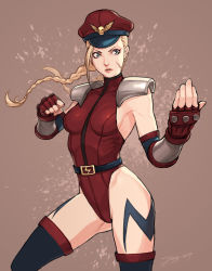 Rule 34 | 1girl, alternate costume, beckoning, belt, blonde hair, blue eyes, bodypaint, braid, cammy white, capcom, cosplay, elbow gloves, fingerless gloves, gloves, hat, highleg, highleg leotard, highres, impossible clothes, jay27, leotard, looking at viewer, m. bison, m bison (cosplay), peaked cap, red leotard, scar, shoulder pads, simple background, solo, street fighter, street fighter iv (series), thighhighs, twin braids