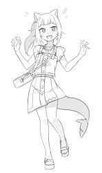 Rule 34 | 1girl, :d, animal ears, bag, blunt bangs, cat ears, fins, fish tail, full body, gawr gura, gawr gura (casual), greyscale, hands up, hololive, hololive english, holomyth, long hair, looking at viewer, monochrome, official alternate costume, open mouth, saiste, sandals, shark tail, sharp teeth, short hair, shoulder bag, side ponytail, simple background, skirt, skirt set, smile, solo, tail, teeth, virtual youtuber, white background
