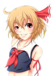 Rule 34 | 1girl, absurdres, adapted costume, ahoge, arms behind back, bad id, bad pixiv id, bare shoulders, blonde hair, embodiment of scarlet devil, fang, female focus, grin, hair ribbon, highres, messy hair, midriff, nekotama shun, red eyes, ribbon, rumia, short hair, sleeveless, smile, solo, teeth, touhou, upper body