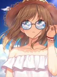 Rule 34 | 1girl, adjusting eyewear, adjusting glasses, bare shoulders, black-framed eyewear, blue-tinted eyewear, blue-tinted glasses, blue sky, bracelet, brown hair, brown hat, cloud, cloudy sky, collarbone, commentary request, day, glint, green eyes, hand up, hat, jewelry, long hair, looking at viewer, looking over eyewear, looking over glasses, off-shoulder shirt, off shoulder, original, parted lips, reflection, shiromikan, shirt, sidelocks, sky, solo, straw hat, sunglasses, sunlight, sweat, tinted eyewear, upper body, white shirt, wind