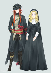 Rule 34 | 1boy, 1girl, absurdres, alternate costume, arm behind back, black dress, black footwear, black headwear, blonde hair, blue eyes, boots, breasts, closed mouth, coif, commentary request, dress, fire emblem, fire emblem: the sacred stones, full body, habit, hat, highres, joshua (fire emblem), knee boots, long dress, long hair, medium breasts, midori no baku, natasha (fire emblem), nintendo, nun, one eye covered, red eyes, red hair, simple background, smile, wavy hair, white background
