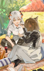 Rule 34 | 2girls, absurdres, alternate costume, anger vein, animal ears, apron, arknights, baguette, black legwear, black pants, blanket, bread, brown hair, chopsticks, coca-cola, collared shirt, dragon horns, enmaided, feather hair, feeding, food, highres, horns, jiojio, letter, long hair, long skirt, looking at another, maid, maid apron, multiple girls, open mouth, orange eyes, outdoors, pants, picnic, picnic basket, pillow, saria (arknights), shirt, short hair, signature, silence (arknights), silver hair, skirt, sleeves rolled up, white shirt, white skirt