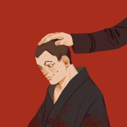 Rule 34 | 2boys, black kimono, blood, blood on clothes, brown hair, chengongzi123, closed mouth, disembodied hand, golden kamuy, hand on another&#039;s head, highres, japanese clothes, kimono, long sleeves, looking down, male focus, mole, mole on cheek, multiple boys, red background, red eyes, ringed eyes, short hair, simple background, smile, solo focus, upper body, usami tokishige, very short hair