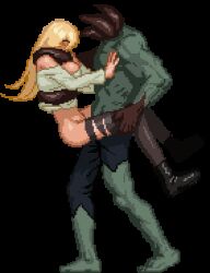 Rule 34 | 1boy, 1girl, animated, animated gif, black footwear, blonde hair, blue eyes, bouncing breasts, breasts, cleavage, colored skin, green skin, hetero, large breasts, lowres, medium hair, parasite in city, pixel art, rape, sex, suspended congress, tentacle grab, tentacles, thighhighs, torn clothes, torn thighhighs, transparent background
