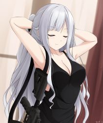 Rule 34 | 1girl, ak-12, ak-12 (girls&#039; frontline), armpits, arms behind head, assault rifle, bare arms, bare shoulders, black dress, blurry, blurry background, breasts, cleavage, closed eyes, closed mouth, collarbone, commentary request, depth of field, dress, dutch angle, girls&#039; frontline, grey hair, gun, highres, indoors, kalashnikov rifle, keenh, long hair, medium breasts, name connection, object namesake, ponytail, rifle, signature, sleeveless, sleeveless dress, smile, solo, very long hair, weapon
