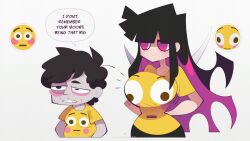 Rule 34 | 1boy, 1girl, arms behind back, black hair, breasts, colored skin, cropped torso, edith (flipherrrr), english text, facial hair, flipherrrr, flushed face emoji, grey skin, highres, large breasts, long hair, multicolored hair, original, print shirt, purple eyes, purple hair, shirt, short hair, short sleeves, simple background, smile, speech bubble, stubble, two-tone hair, white background, yellow shirt