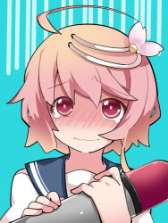 Rule 34 | 1girl, ahoge, blush, commentary request, gloom (expression), hair ornament, hammer (sunset beach), i-58 (kancolle), kantai collection, looking at viewer, pink eyes, pink hair, school uniform, serafuku, short hair, solo, tears, torpedo, type 95 torpedo, upper body, wavy mouth